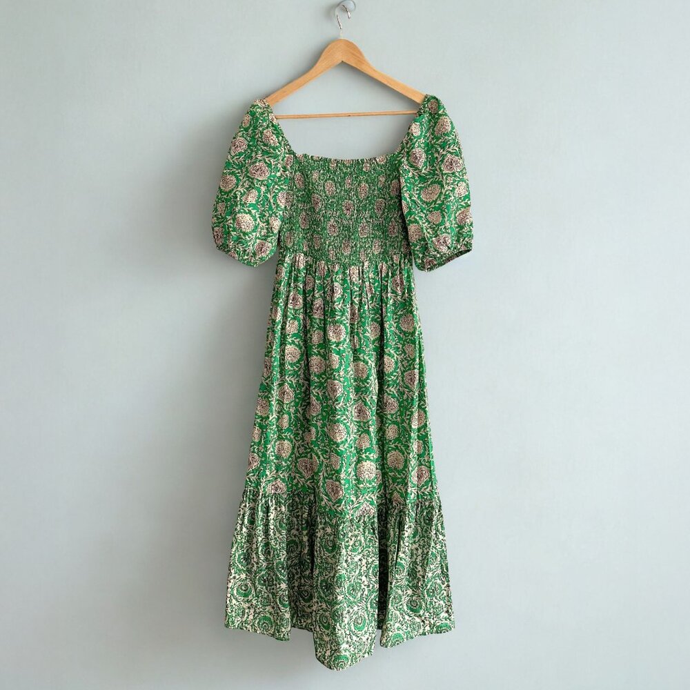 House Of Harlow Midi Dress Floral Designer Smocked Cotton Emerald Green Size S